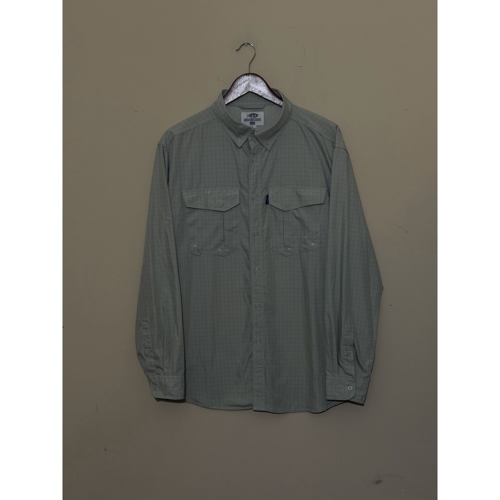 AFTCO Mens L Grey Grid Long Sleeve Performance Fishing Button Down